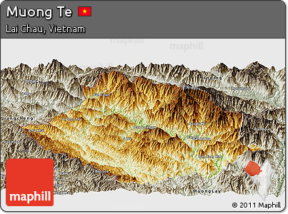 Physical Panoramic Map of Muong Te, semi-desaturated