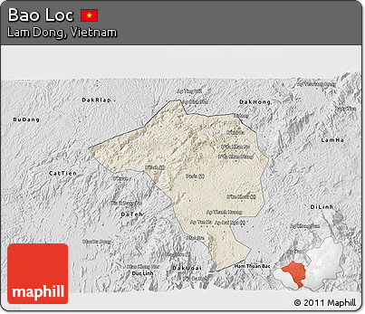 Shaded Relief 3D Map of Bao Loc, desaturated