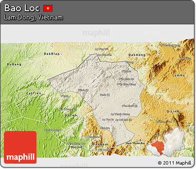 Shaded Relief 3D Map of Bao Loc, physical outside