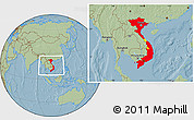 Flag Location Map of Vietnam, savanna style outside, hill shading outside