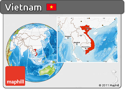 Physical Location Map of Vietnam, highlighted continent
