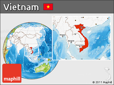 Physical Location Map of Vietnam, highlighted continent