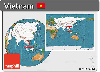 Satellite Location Map of Vietnam, highlighted continent, within the entire continent