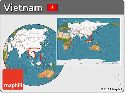 Satellite Location Map of Vietnam, highlighted continent, within the entire continent