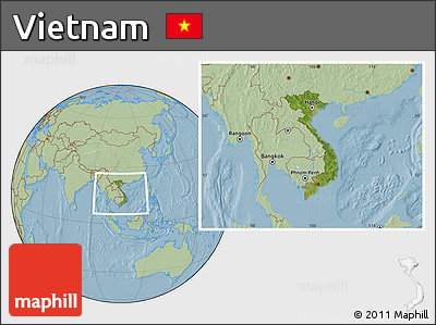 Satellite Location Map of Vietnam, savanna style outside, hill shading