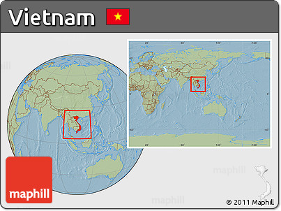 Savanna Style Location Map of Vietnam, within the entire continent, hill shading