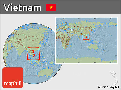 Savanna Style Location Map of Vietnam, within the entire continent, hill shading