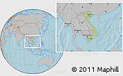 Savanna Style Location Map of Vietnam, gray outside, hill shading outside