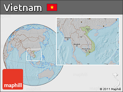 Savanna Style Location Map of Vietnam, gray outside, hill shading