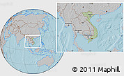 Savanna Style Location Map of Vietnam, gray outside, hill shading