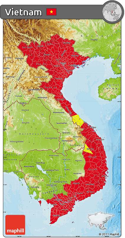 Flag Map of Vietnam, physical outside, bathymetry sea, flag aligned to the middle