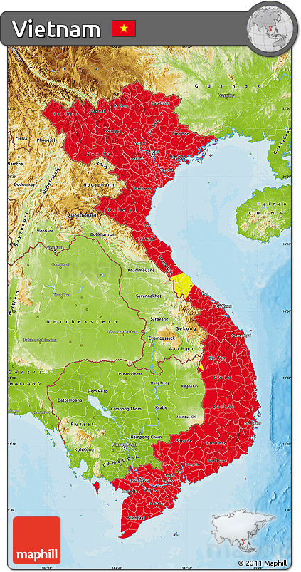 Flag Map of Vietnam, physical outside, bathymetry sea, flag rotated