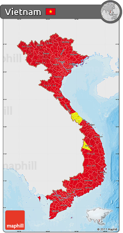 Flag Map of Vietnam, single color outside, bathymetry sea, shaded relief sea, flag aligned to the middle