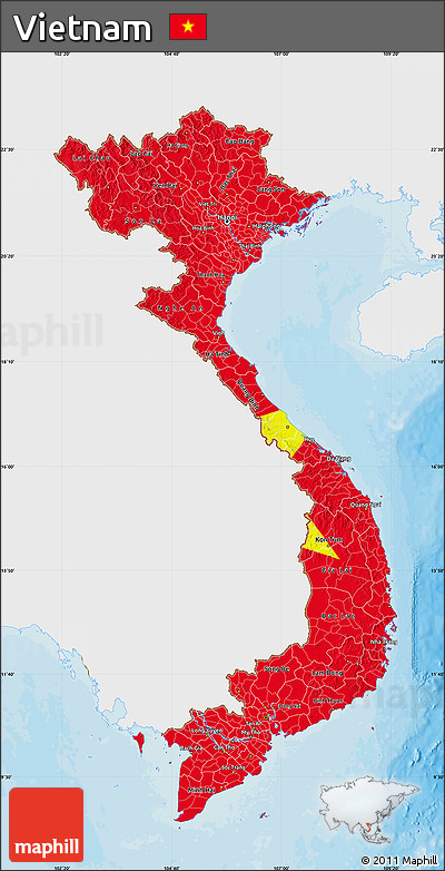 Flag Map of Vietnam, single color outside, bathymetry sea, shaded relief sea, flag aligned to the middle