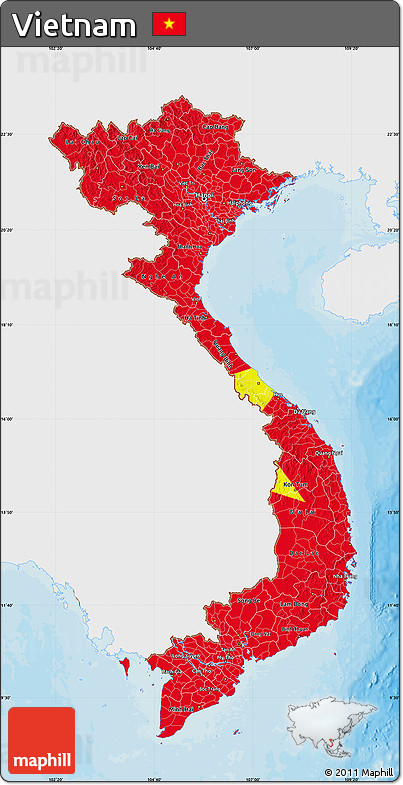 Flag Map of Vietnam, single color outside, bathymetry sea, shaded relief sea, flag aligned to the middle