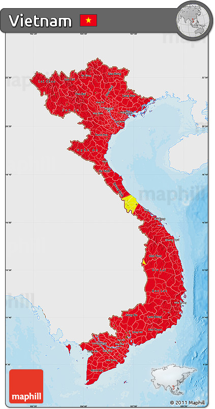 Flag Map of Vietnam, single color outside, bathymetry sea, shaded relief sea, flag rotated