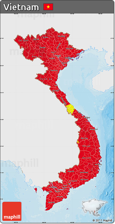 Flag Map of Vietnam, single color outside, bathymetry sea, shaded relief sea, flag rotated