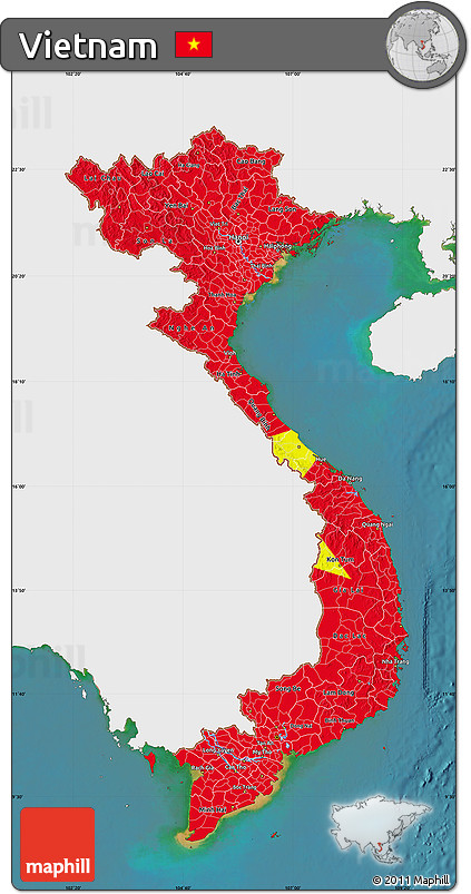 Flag Map of Vietnam, single color outside, satellite sea, flag aligned to the middle