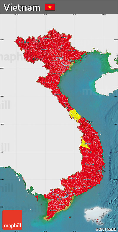 Flag Map of Vietnam, single color outside, satellite sea, flag aligned to the middle