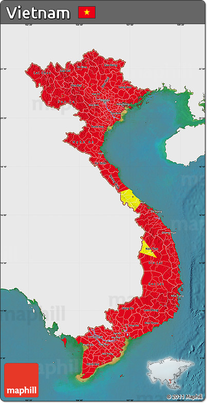 Flag Map of Vietnam, single color outside, satellite sea, flag aligned to the middle