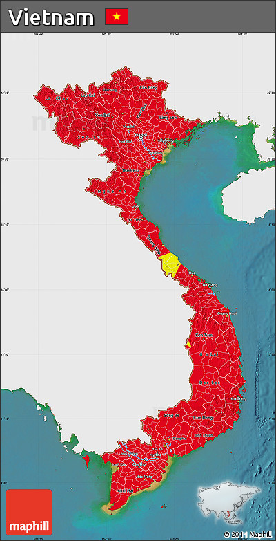 Flag Map of Vietnam, single color outside, satellite sea, flag rotated