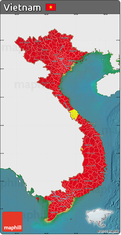 Flag Map of Vietnam, single color outside, satellite sea, flag rotated