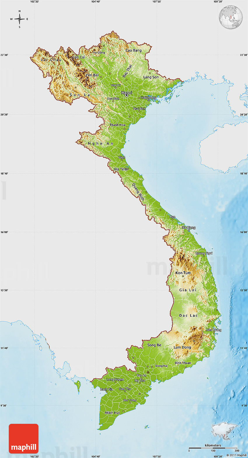 Physical Map of Vietnam, single color outside