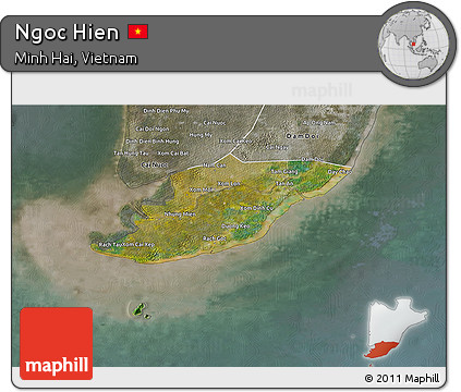 Satellite 3D Map of Ngoc Hien, semi-desaturated