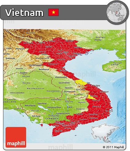 Flag Panoramic Map of Vietnam, physical outside, flag aligned to the middle