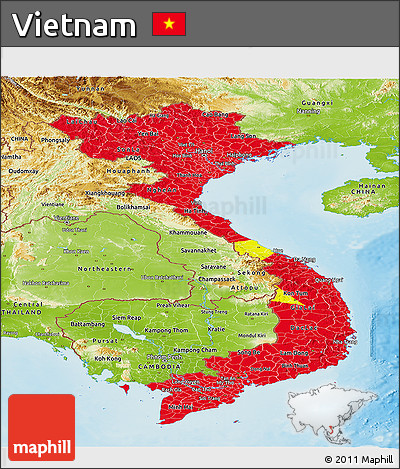 Flag Panoramic Map of Vietnam, physical outside, flag aligned to the middle