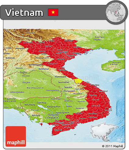 Flag Panoramic Map of Vietnam, physical outside, flag rotated