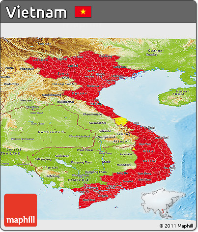 Flag Panoramic Map of Vietnam, physical outside, flag rotated