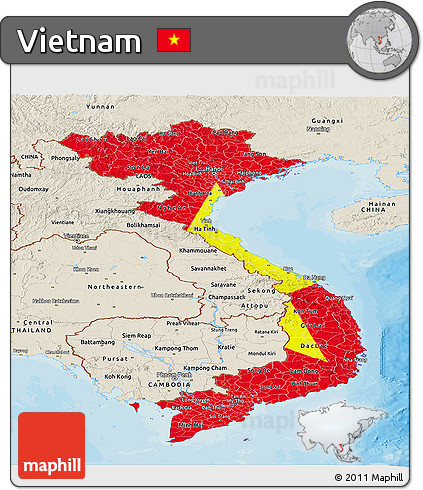 Flag Panoramic Map of Vietnam, shaded relief outside, bathymetry sea, flag centered