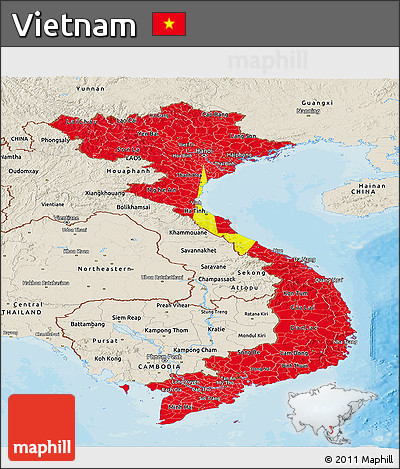 Flag Panoramic Map of Vietnam, shaded relief outside, bathymetry sea