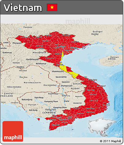 Flag Panoramic Map of Vietnam, shaded relief outside, bathymetry sea