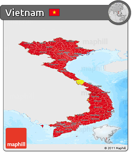 Flag Panoramic Map of Vietnam, single color outside, bathymetry sea, flag rotated