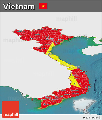 Flag Panoramic Map of Vietnam, single color outside, satellite sea, flag centered
