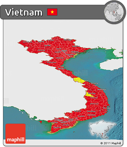 Flag Panoramic Map of Vietnam, single color outside, satellite sea, flag aligned to the middle