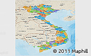 Political Panoramic Map of Vietnam, shaded relief outside, bathymetry sea