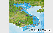 Political Shades Panoramic Map of Vietnam, satellite outside, bathymetry sea