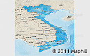 Political Shades Panoramic Map of Vietnam, shaded relief outside, bathymetry sea