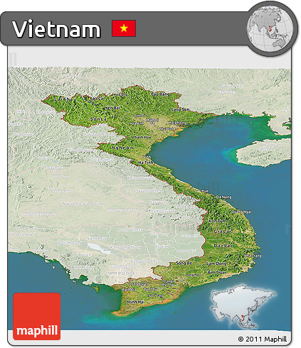 Satellite Panoramic Map of Vietnam, lighten, land only