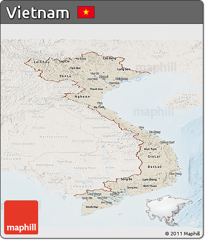 Shaded Relief Panoramic Map of Vietnam, lighten