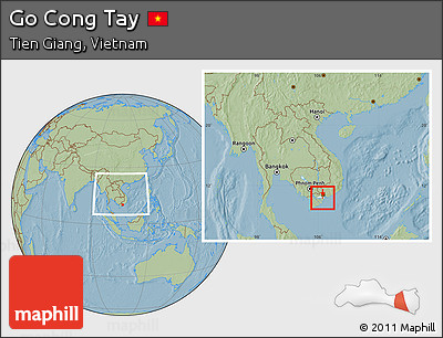 Savanna Style Location Map of Go Cong Tay, highlighted parent region, within the entire country, hill shading