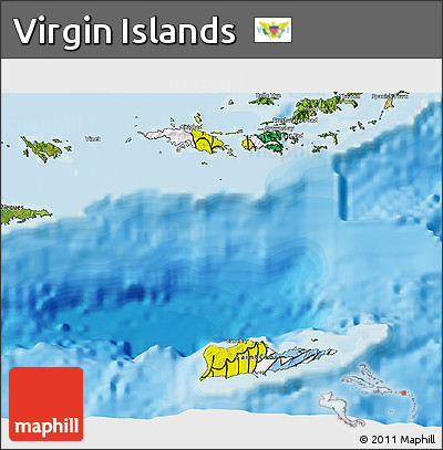 Flag 3D Map of Virgin Islands, satellite outside, bathymetry sea, flag aligned to the middle
