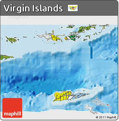 Flag 3D Map of Virgin Islands, satellite outside, bathymetry sea, flag aligned to the middle