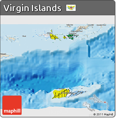 Flag 3D Map of Virgin Islands, shaded relief outside, bathymetry sea, flag aligned to the middle