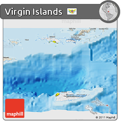 Flag 3D Map of Virgin Islands, shaded relief outside, bathymetry sea, flag rotated