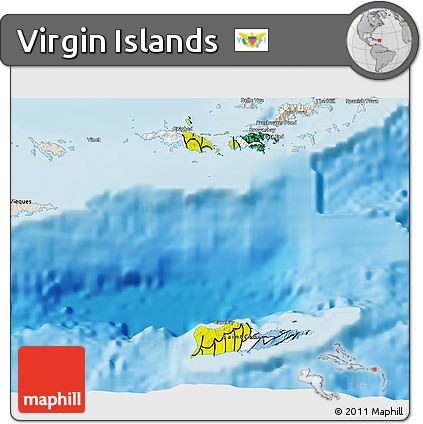 Flag 3D Map of Virgin Islands, shaded relief outside, flag aligned to the middle