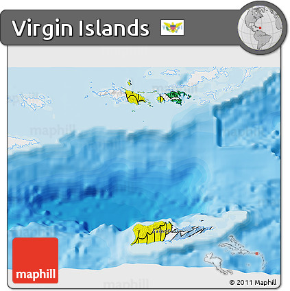 Flag 3D Map of Virgin Islands, single color outside, bathymetry sea, shaded relief sea, flag aligned to the middle